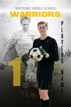 Watkins Middle School Warriors soccer goalkeeper #1 holds ball in black uniform for official team portrait.