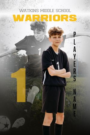Watkins Middle School Warriors soccer player #1 posed in black uniform with action shot composite background.