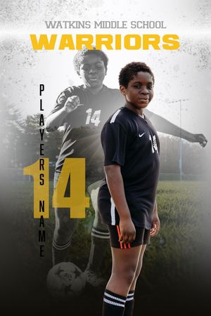 Watkins Middle School Warriors soccer player #14 poses in black uniform for official team photo.