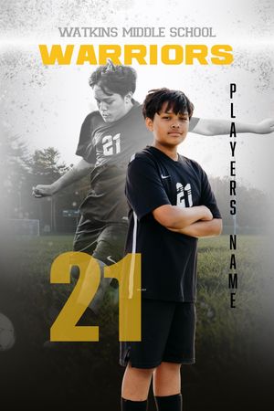 Watkins Middle School Warriors soccer player #21 poses with arms crossed in a sports portrait photo template.