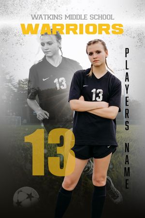 Watkins Middle School Warriors soccer player #13 poses in black uniform for a sports trading card photo.