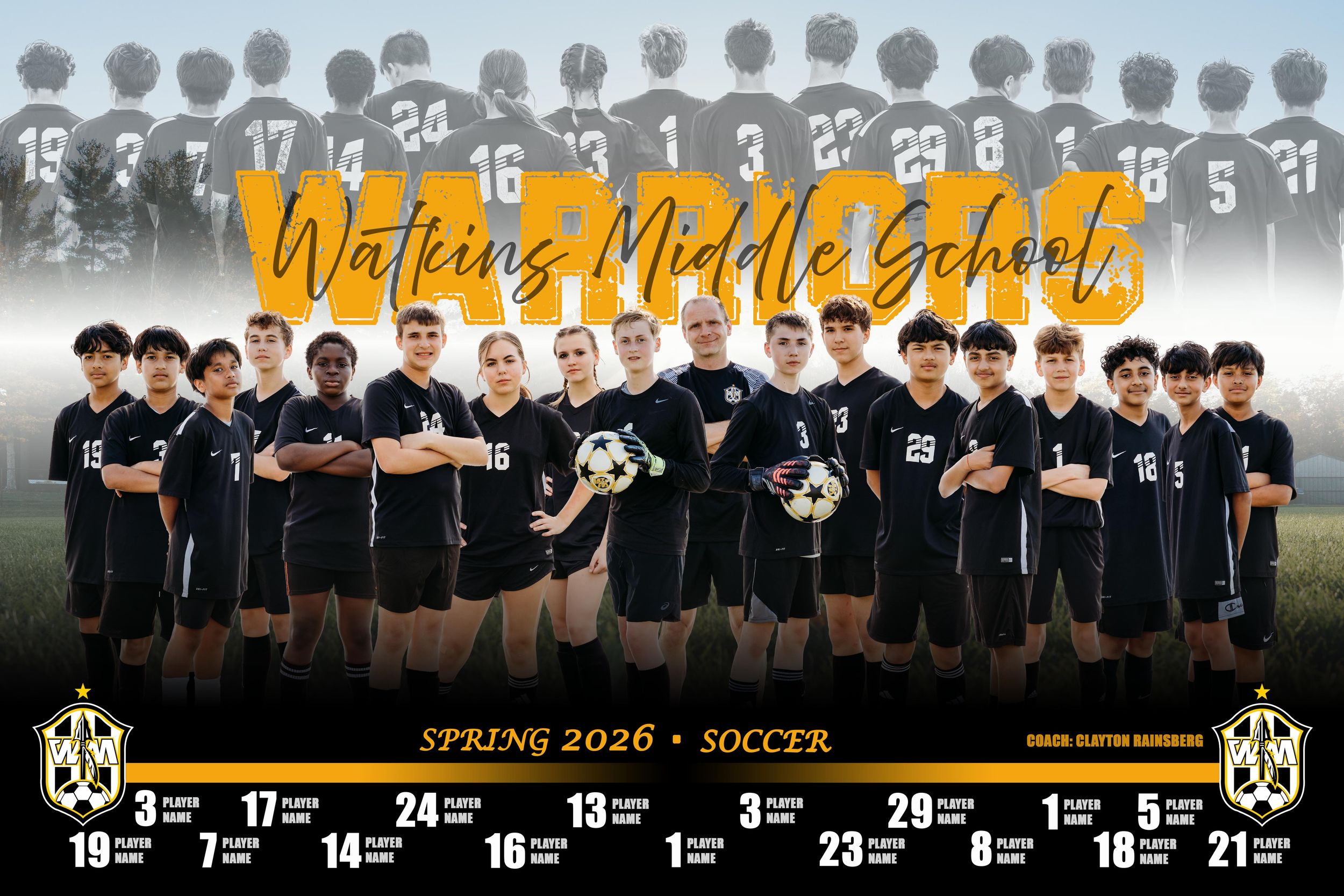 Watkins Middle School Spring 2026 Soccer team photo featuring players in black uniforms with jersey numbers.