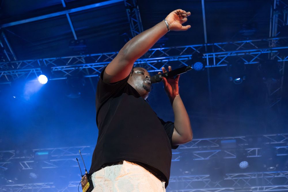 Male singer raises fist while performing on outdoor festival stage under blue lighting.