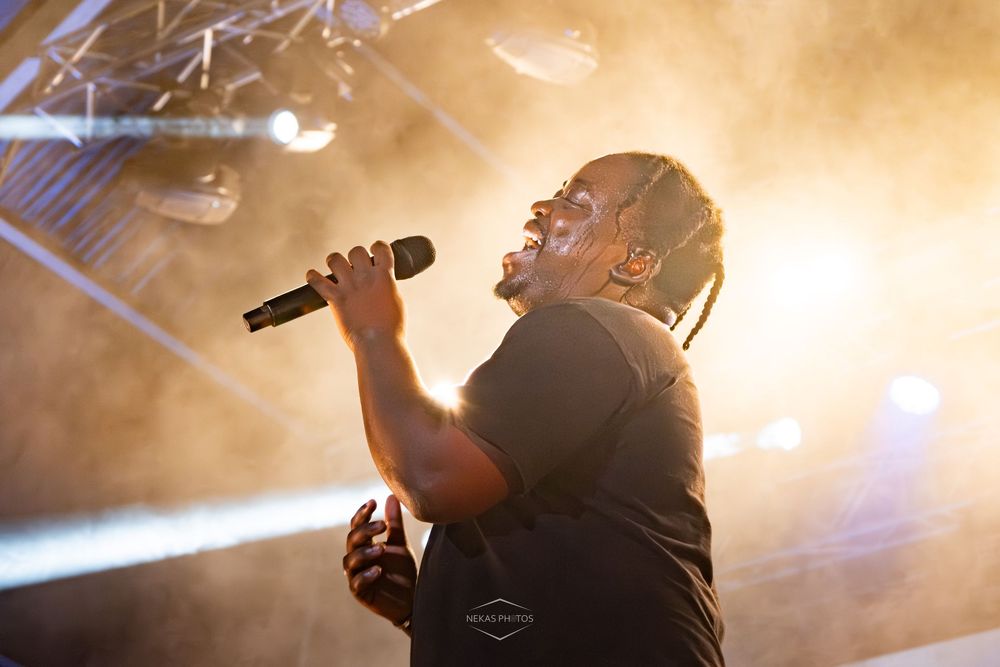 A performer with dreadlocks sings passionately into a microphone on a foggy concert stage bathed in golden light.