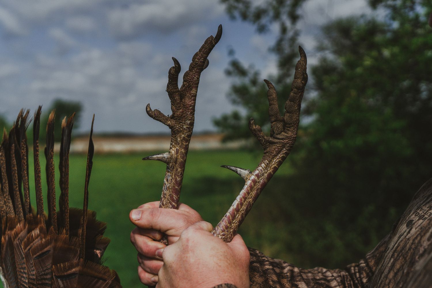 Hunter holding shed deer antlers in a field with green trees and cloudy sky in the background.