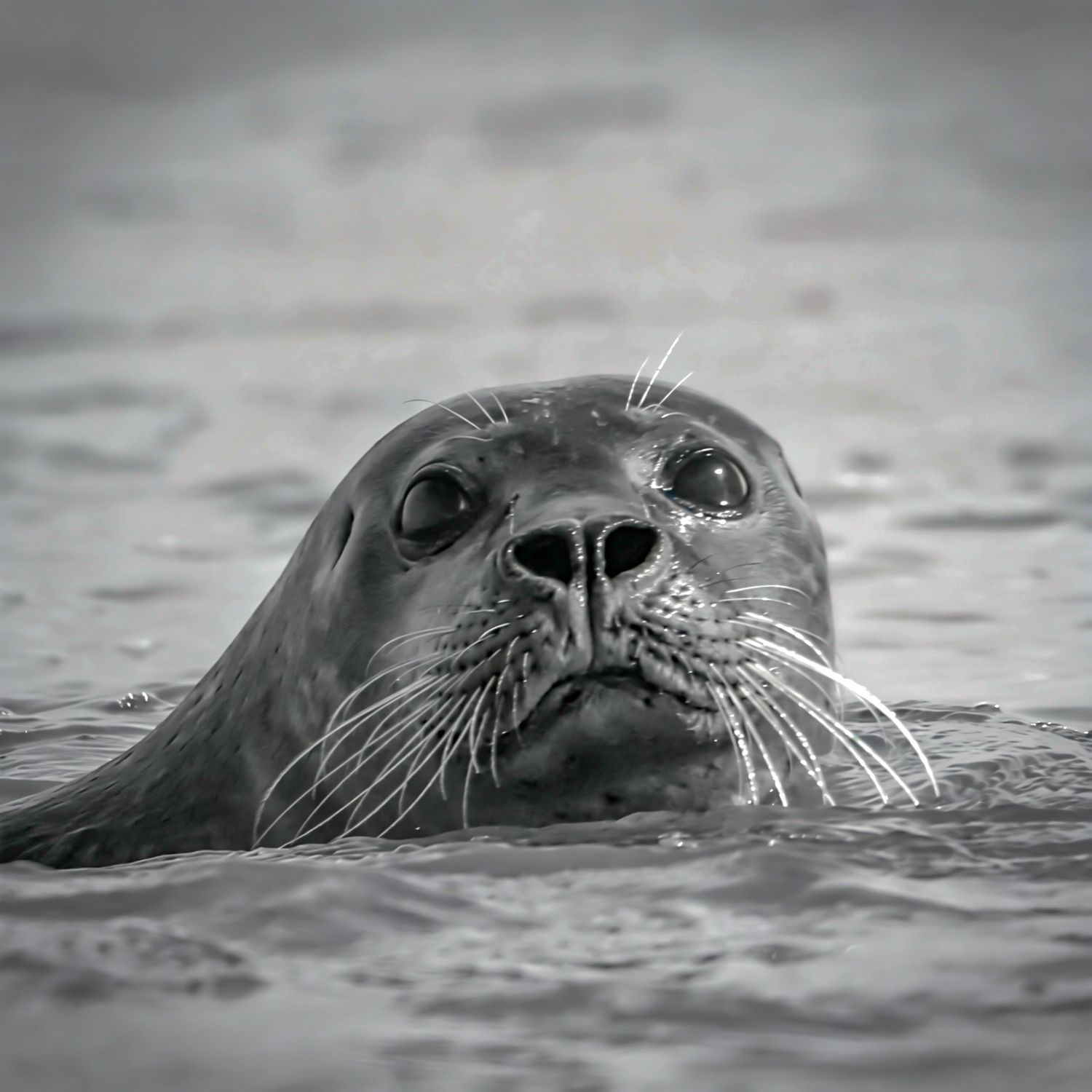 Phoque gris nageant dans la Baie d’Authie près de Berck, regard émergent de l’eau, photographie animalière en Hauts-de-France