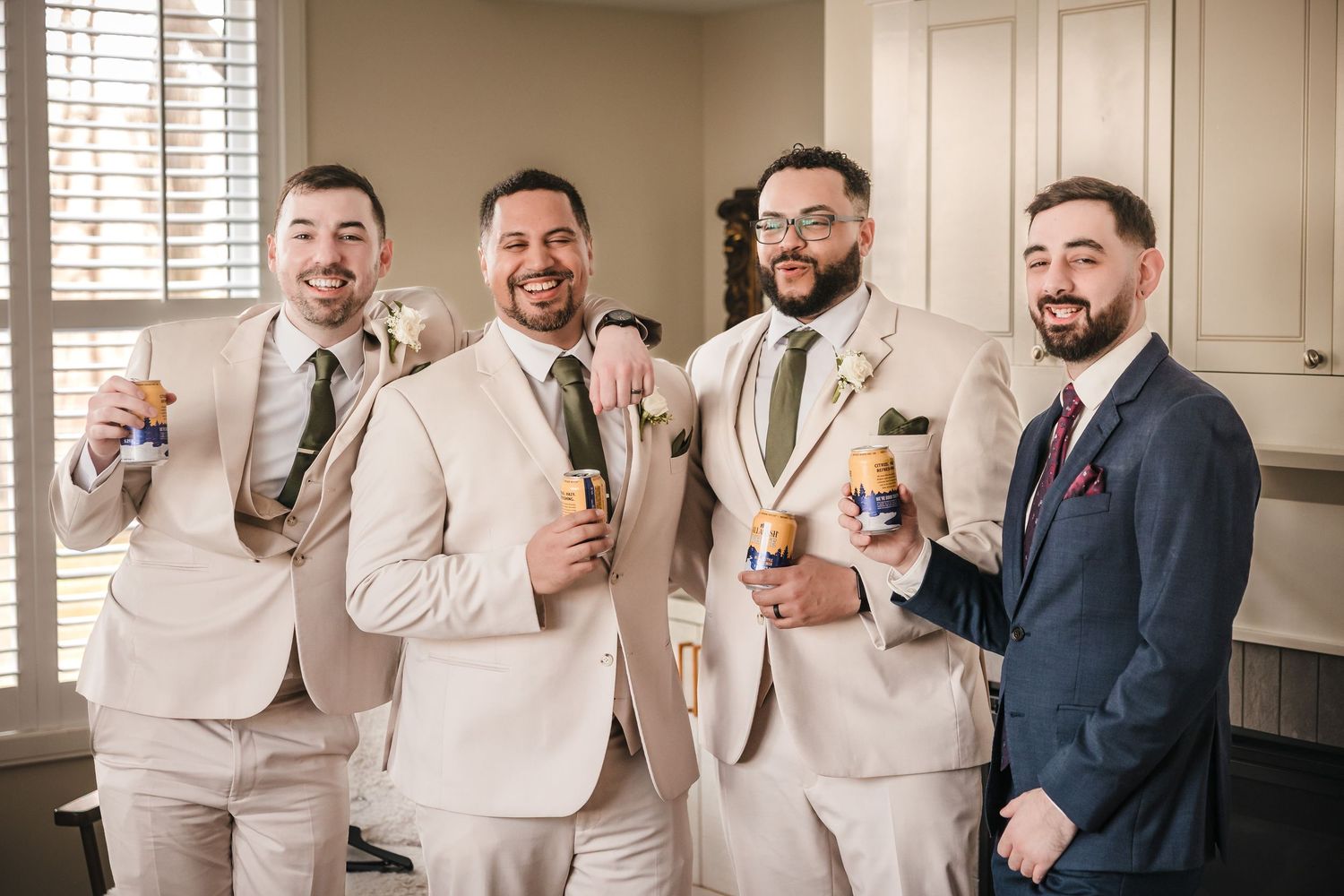 Groomsmen group photo during getting ready at Briar Barn Inn wedding in Massachusetts