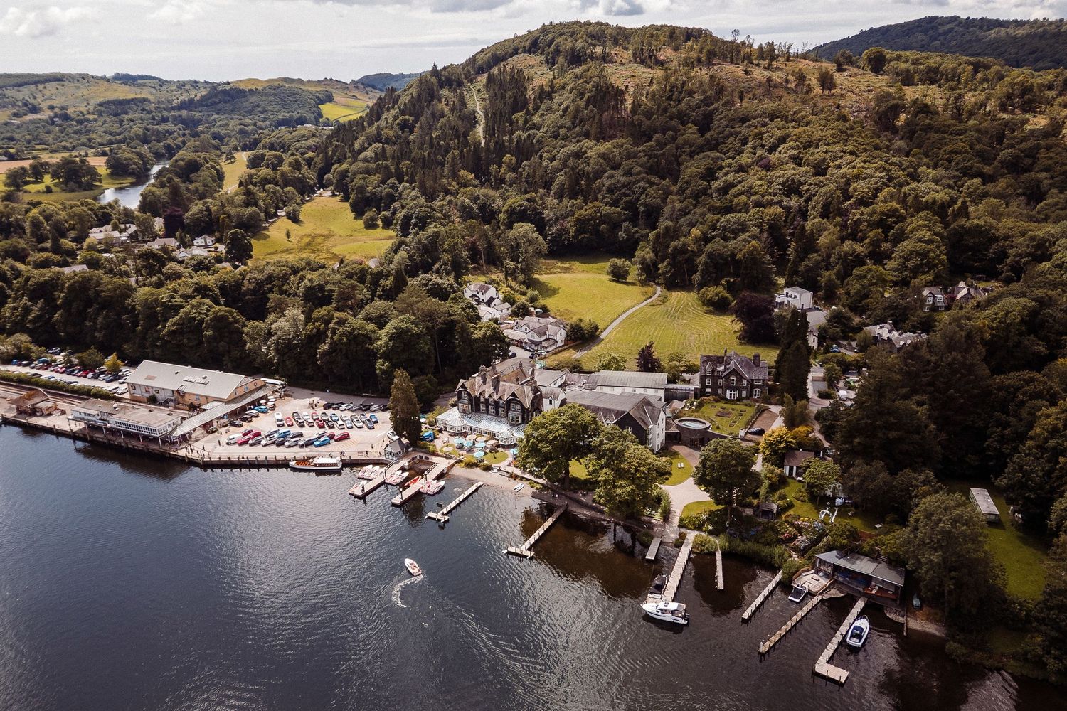Aerial view of Lakeside Hotel wedding venue on Lake Windermere
