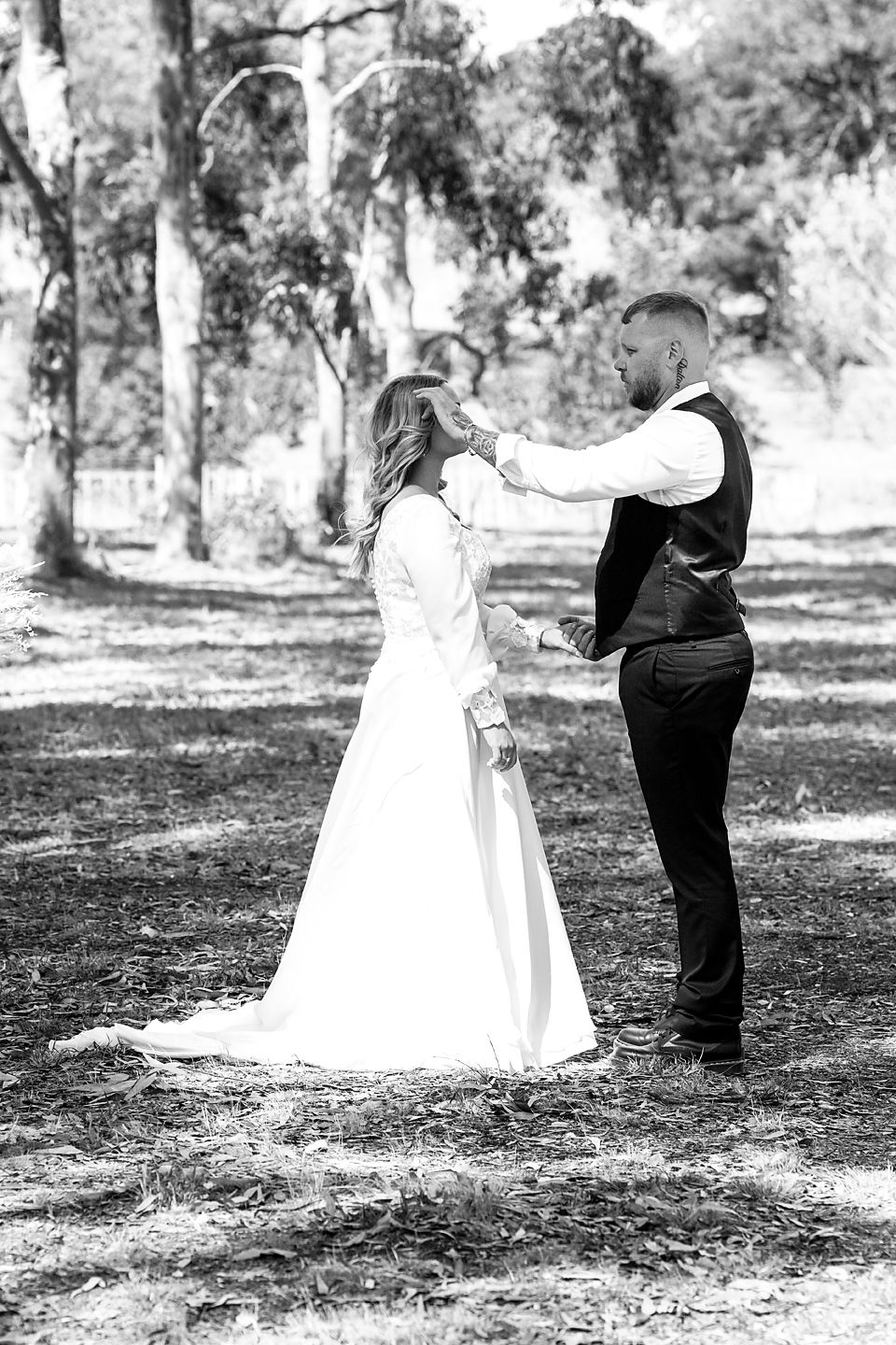 Sequence of wedding photos showing a couple in white dress and black suit in a wooded outdoor setting.