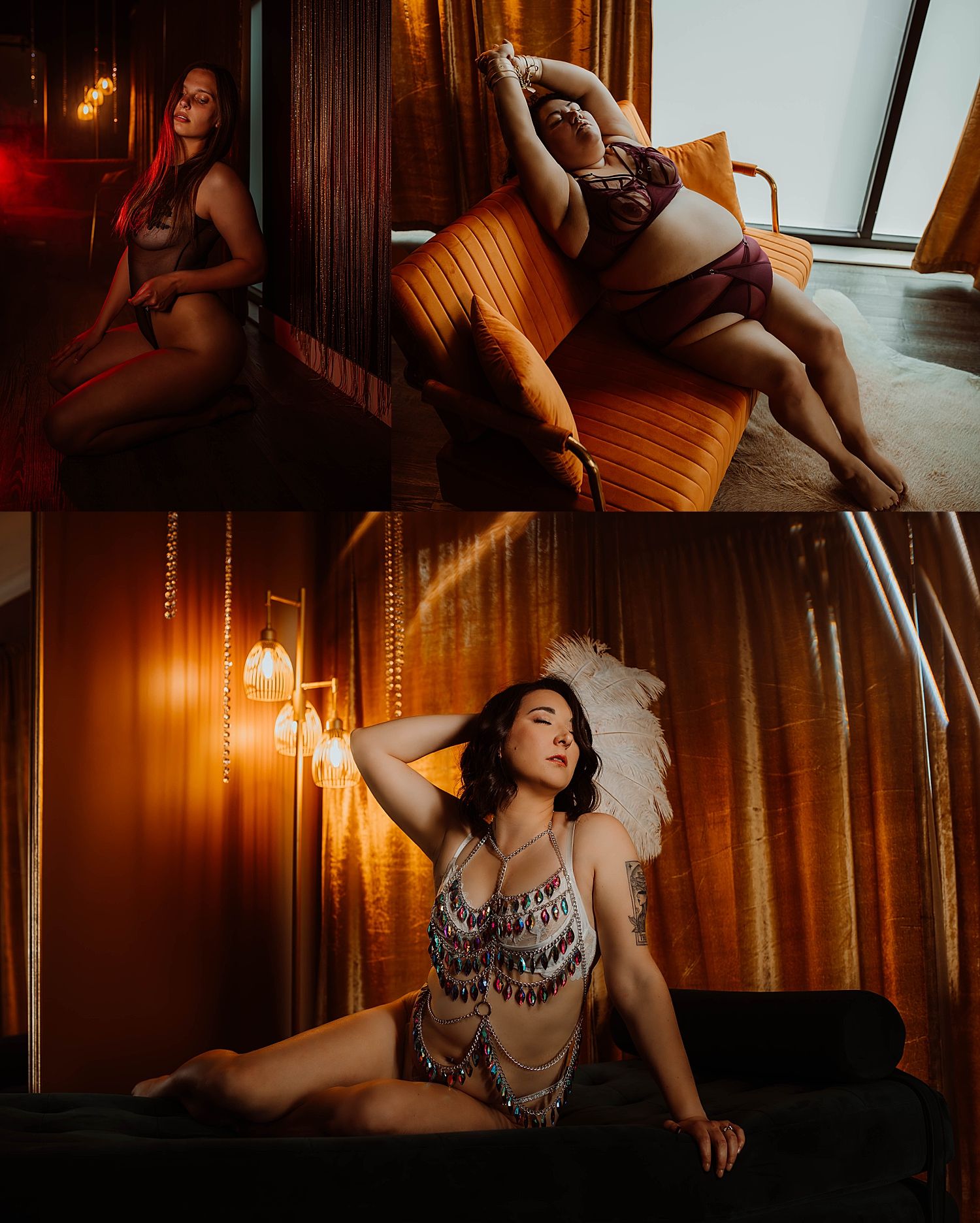 moody warm lighting in a studio surrounding women by Boudoir by KJ