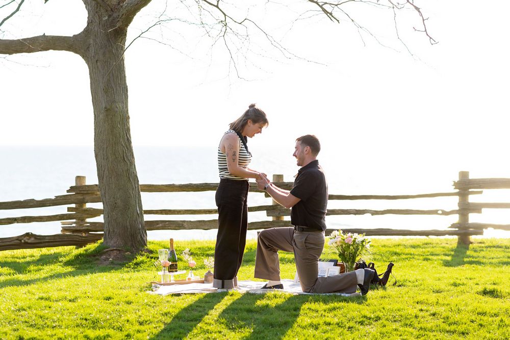 Scenic view of a hillside with trees casting long shadows on bright green grass  during a proposal in Bayfield.
