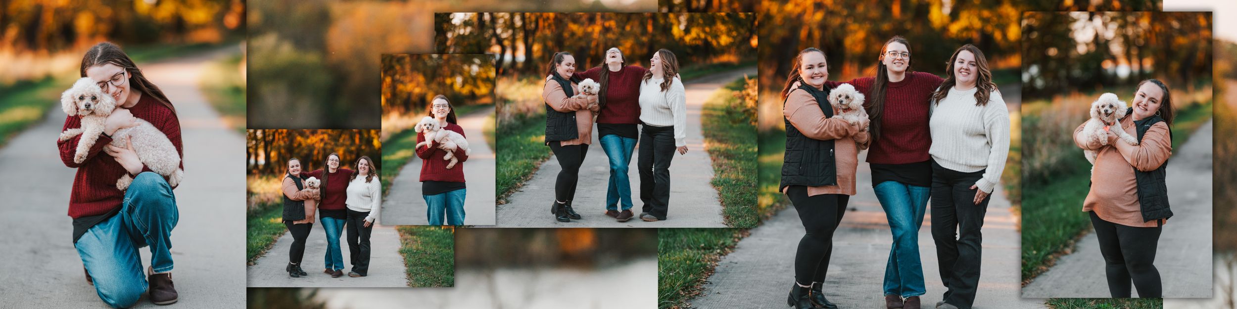 A couple poses together in various romantic outdoor settings during an autumn engagement photo session.