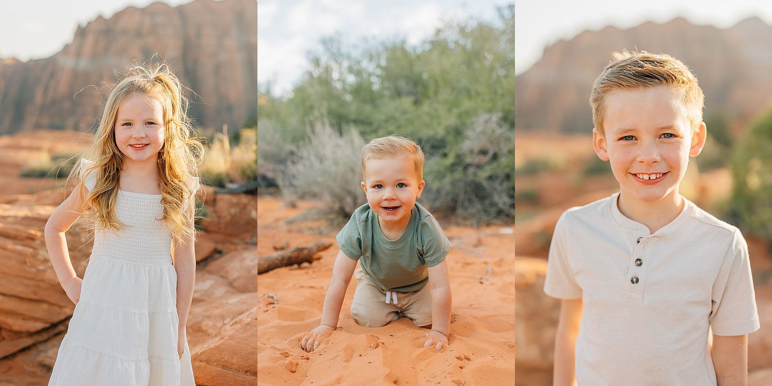 Family photos captured in warm desert landscape with red rocks and sand during golden hour sunset.