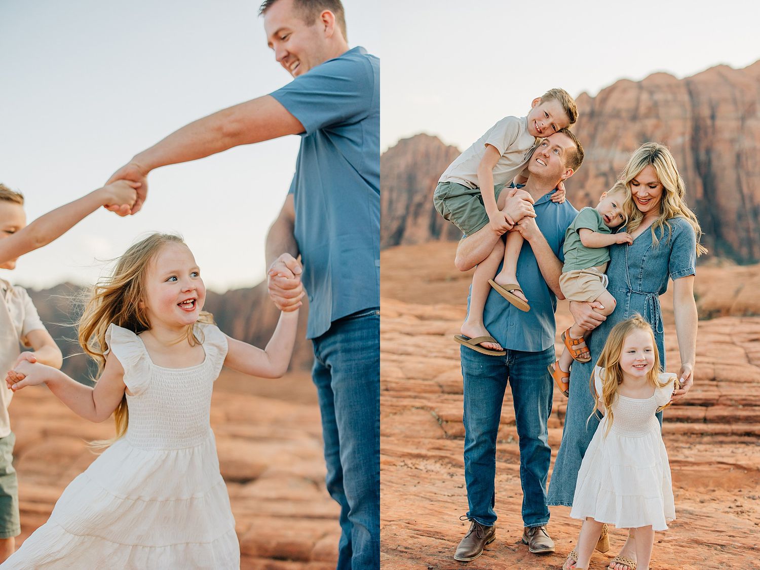 A couple shares joyful moments while dancing together against stunning red rock formations in a desert landscape.