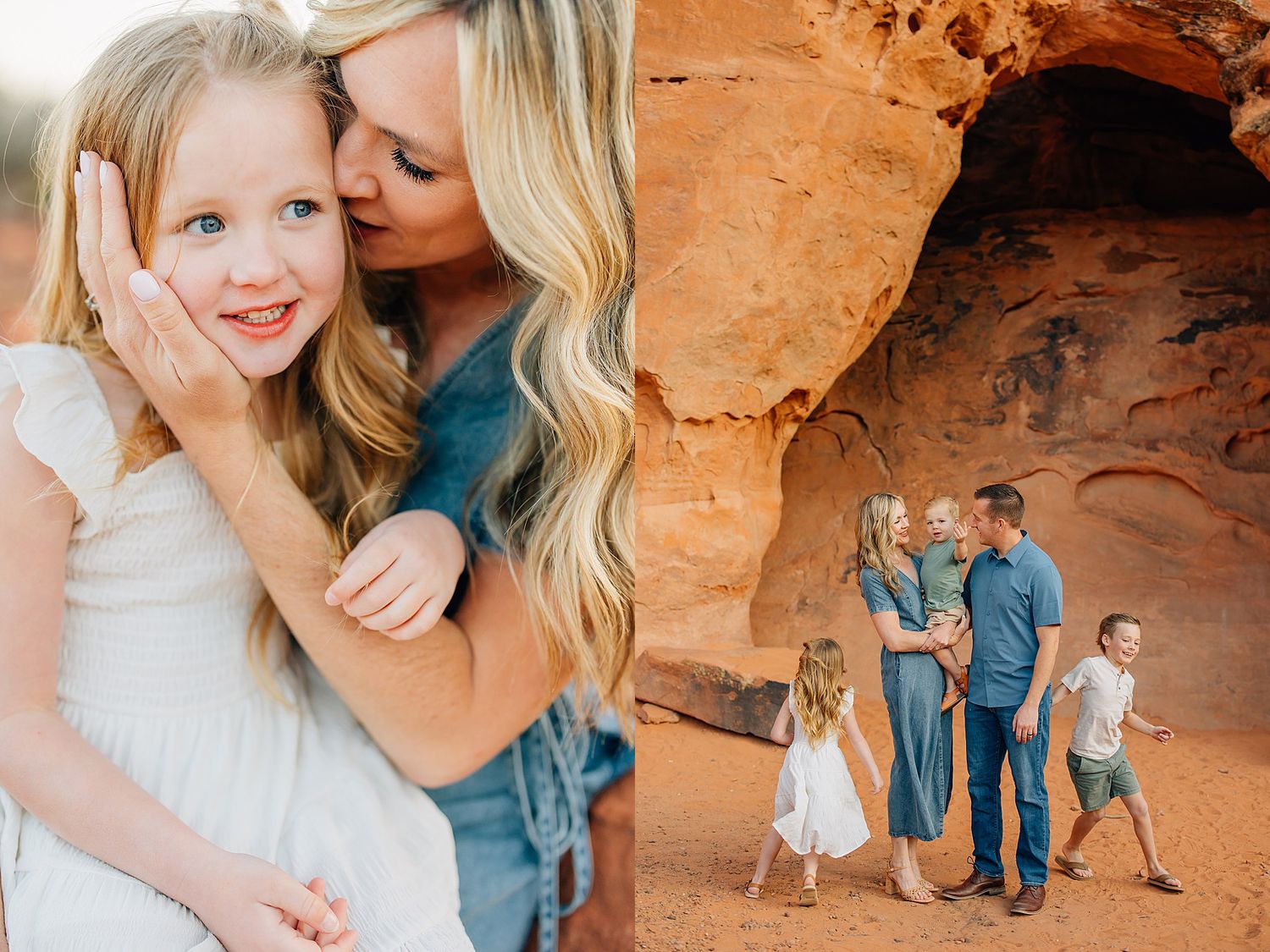 A couple poses for romantic engagement photos among red rock formations in the desert landscape.