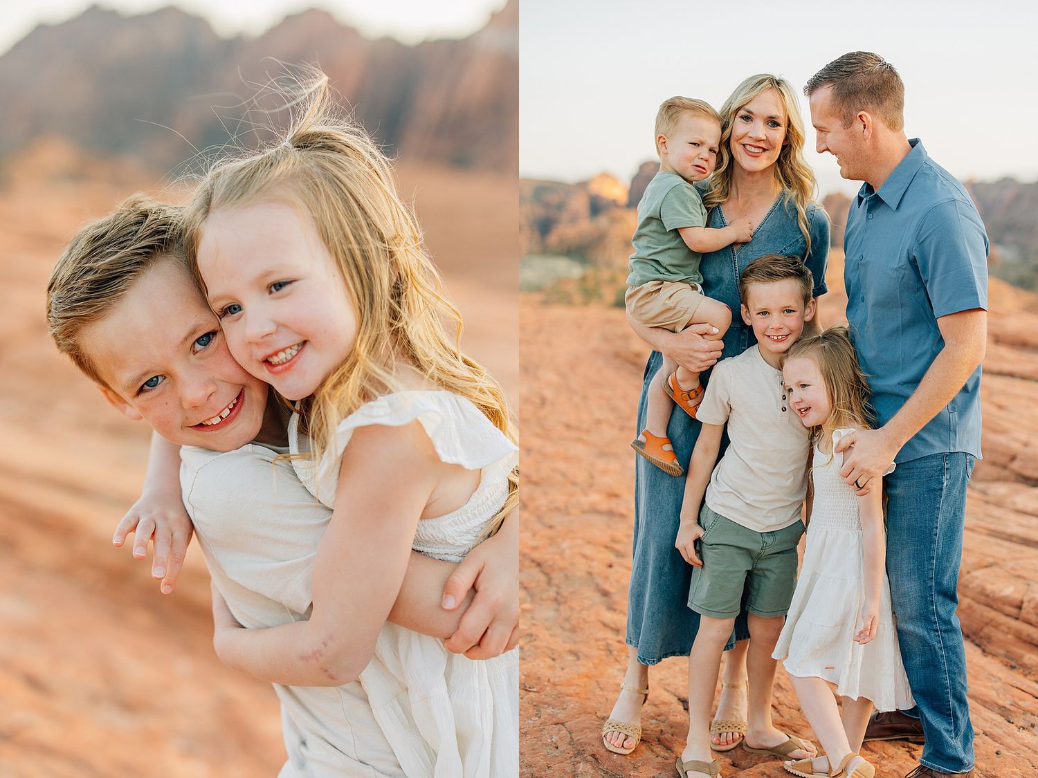 A couple in blue and white outfits share tender moments during a desert photoshoot at sunset.