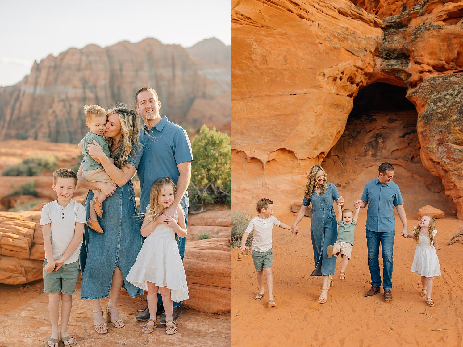 Family in coordinating blue and white outfits poses together against stunning red rock formations in desert landscape.