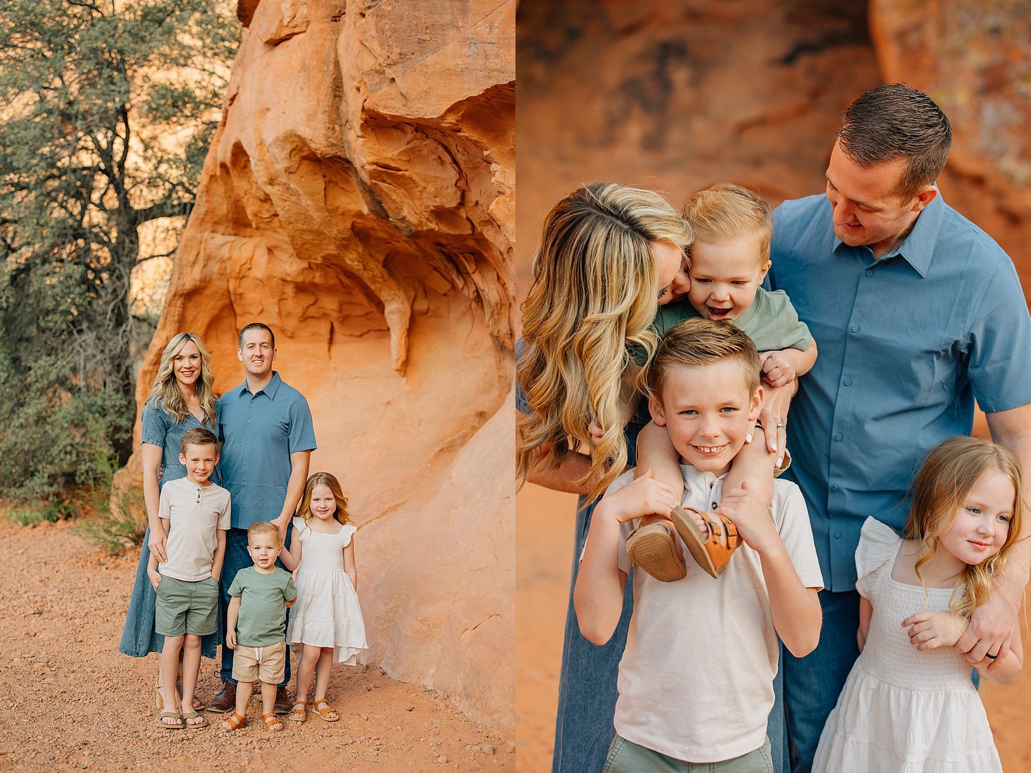 Family in coordinating blue and white outfits pose together against red rock formations in desert landscape.
