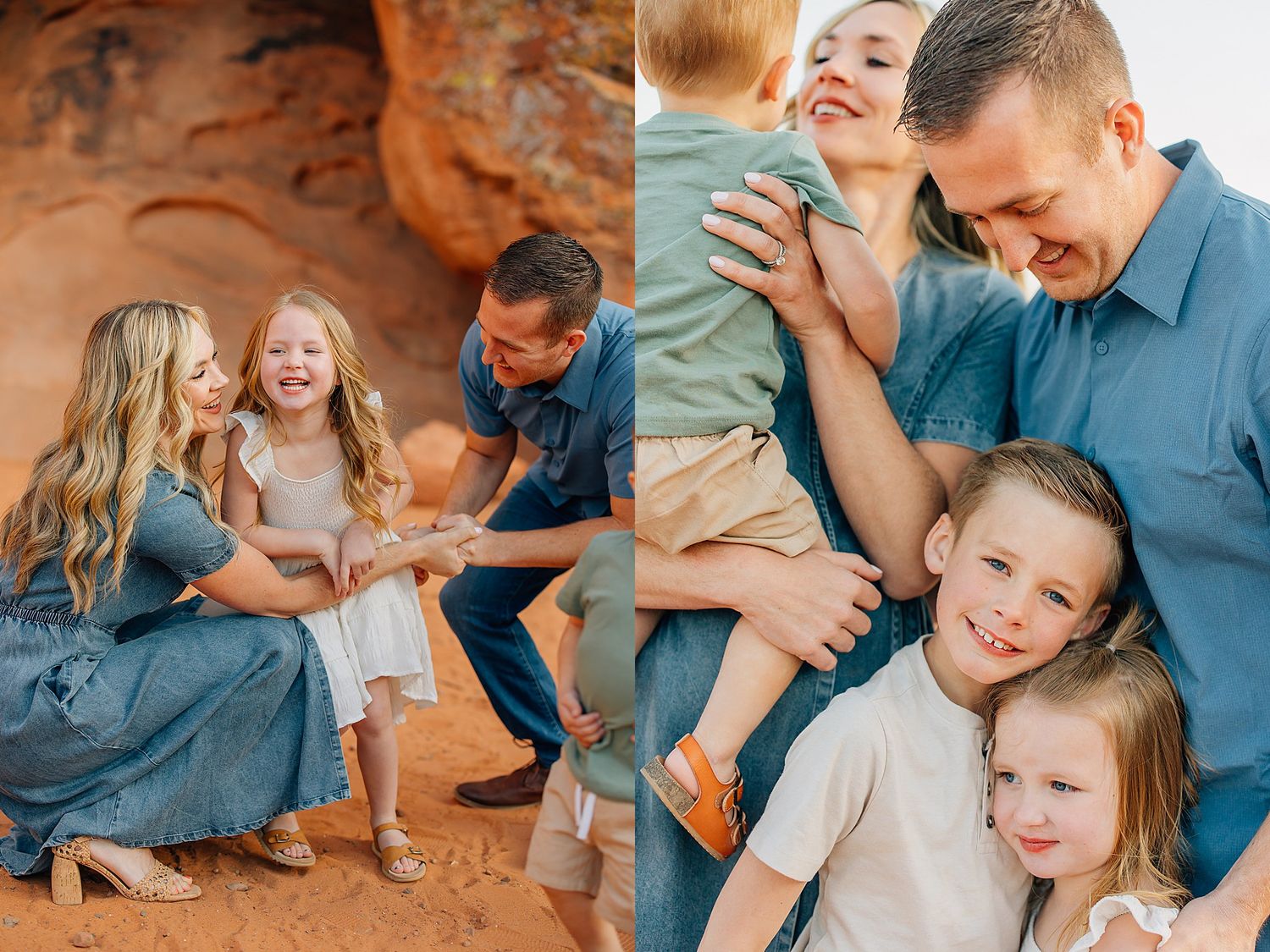 Candid family portrait session showing joyful moments and laughter against desert landscape backdrop.