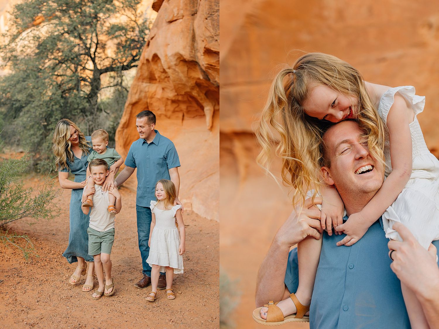 Family wearing blue and white outfits poses against orange rock formations in a natural outdoor setting.