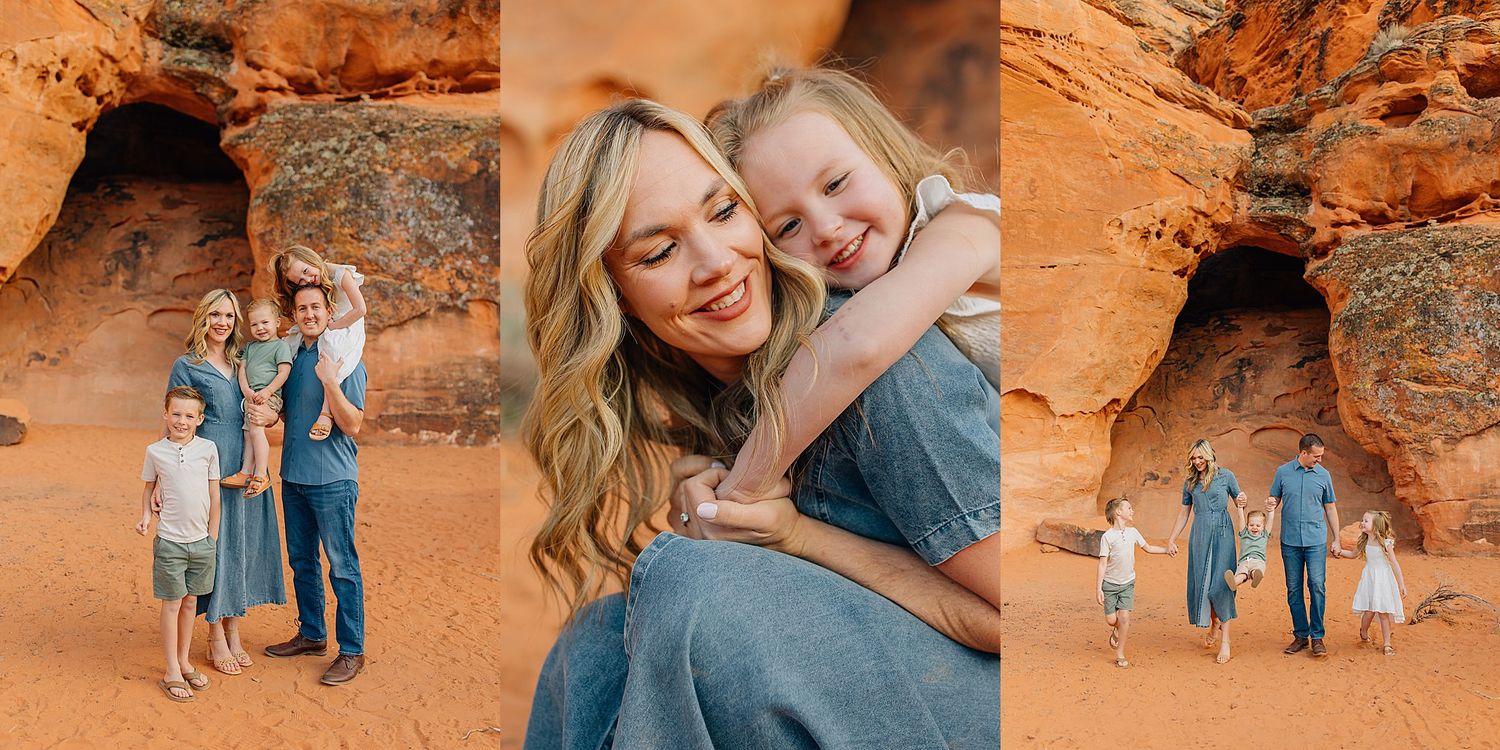 Family portrait session at sunset against red rock formations in a desert landscape.