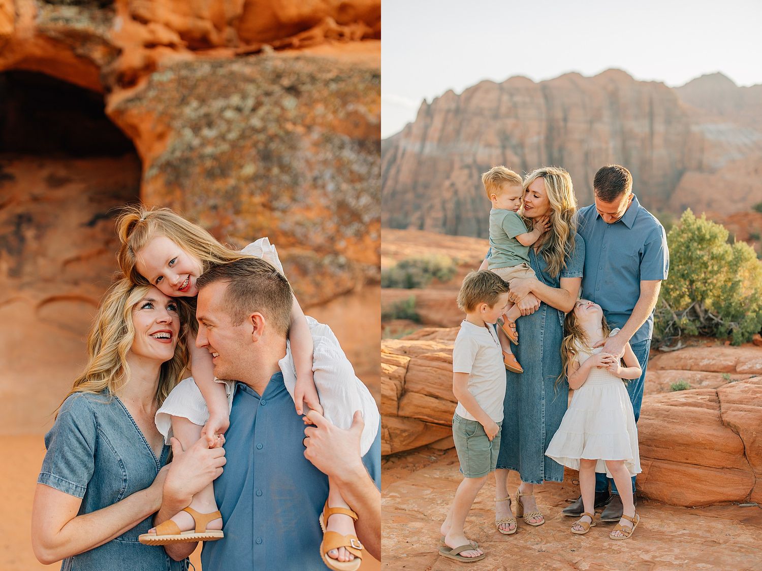Family wearing coordinated blue and white outfits poses together on red rock formations in front of desert cliffs.