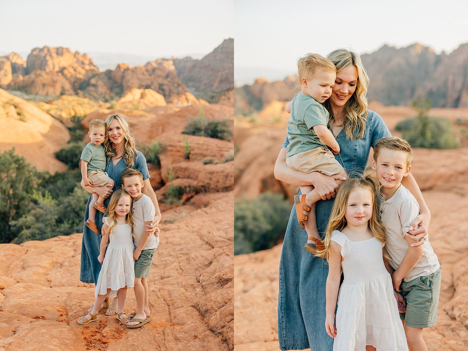 A family in coordinating blue and white outfits poses together against scenic red rock formations at sunset.