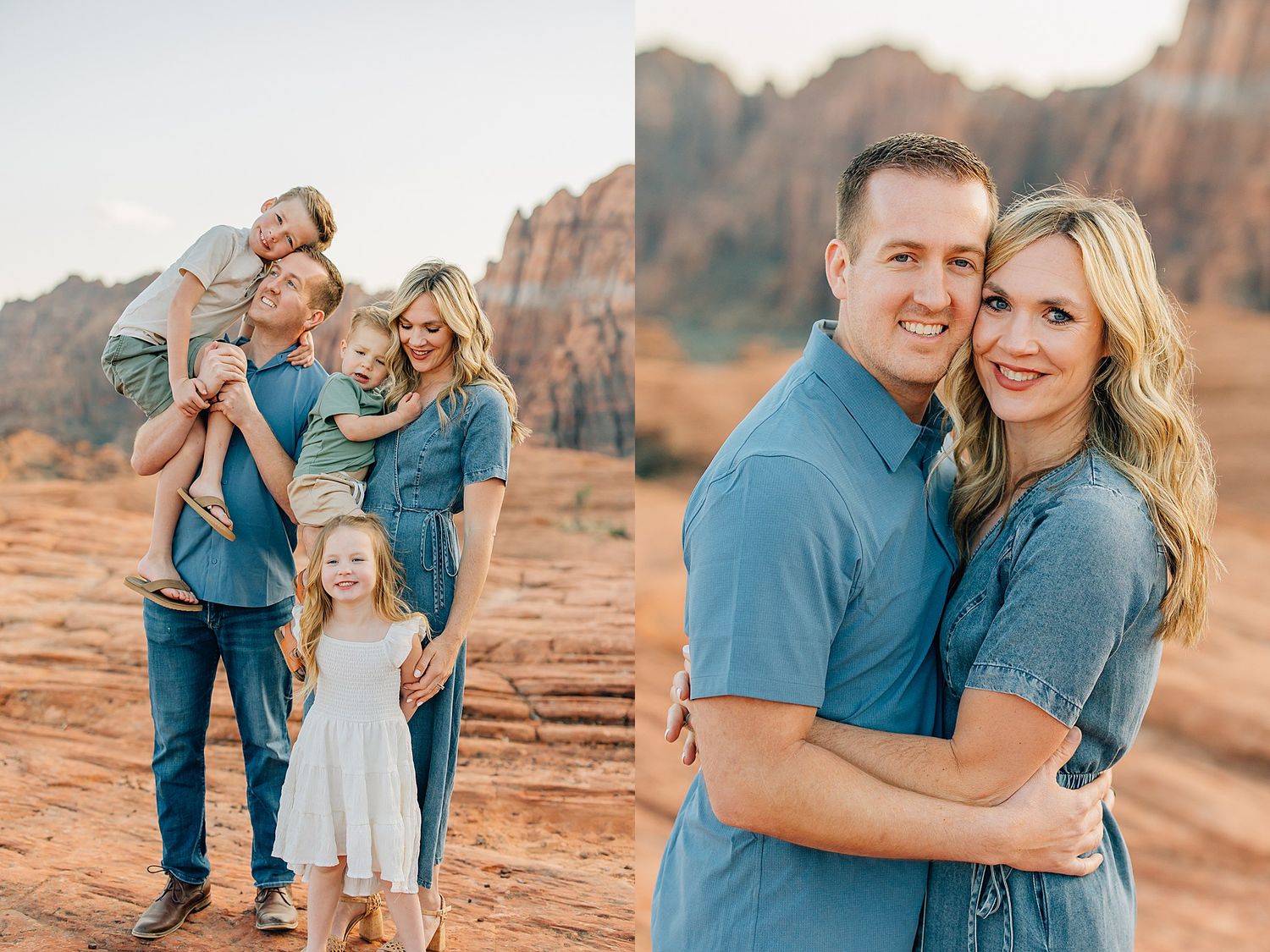 A couple shares romantic moments in a desert landscape with red rock formations during golden hour.