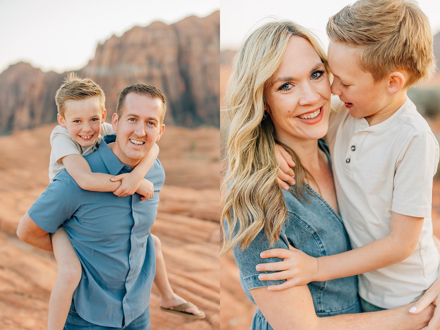 Couple embraces lovingly against backdrop of red rock desert landscape during sunset photoshoot.