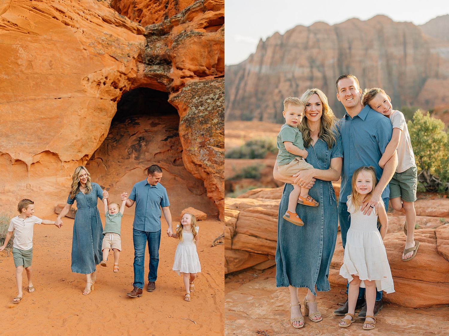 Family in coordinating blue outfits poses together against stunning red rock formations in a desert landscape.