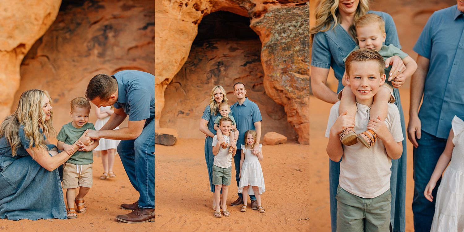 Family enjoying outdoor photos among stunning red rock formations in a desert landscape.
