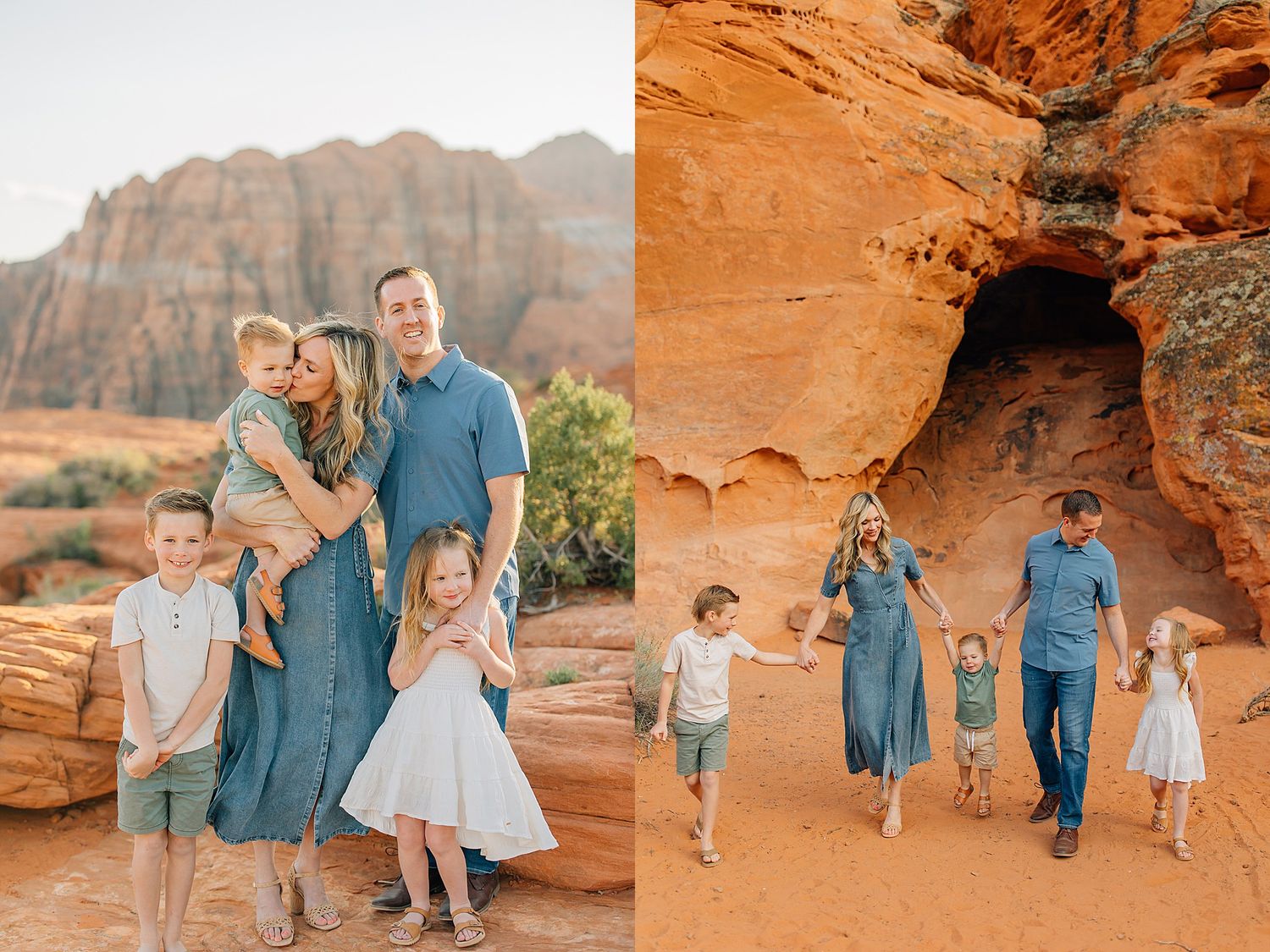 Family in coordinating blue and white outfits poses among stunning red rock formations in a desert landscape.