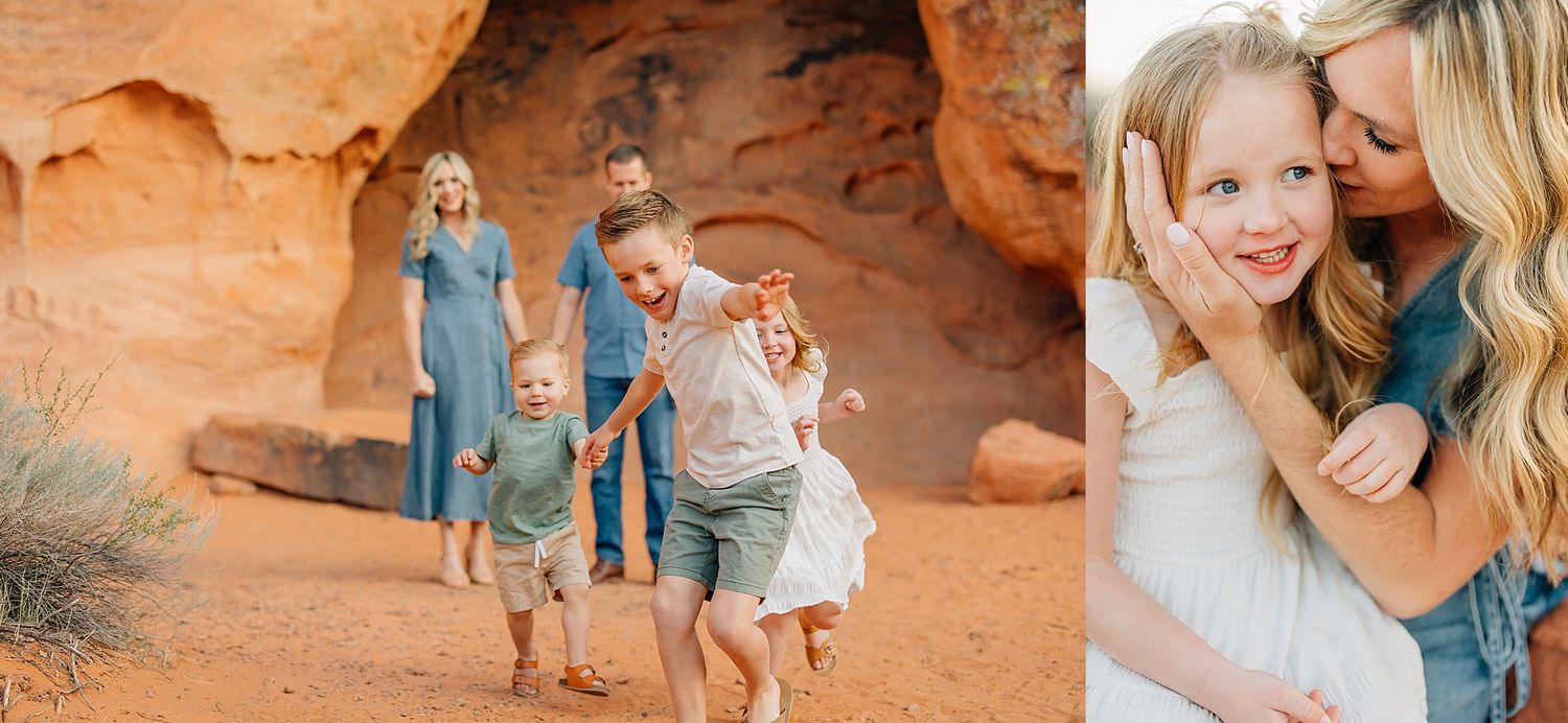 Collection of candid family moments captured against vibrant orange desert cliffs and rock formations.