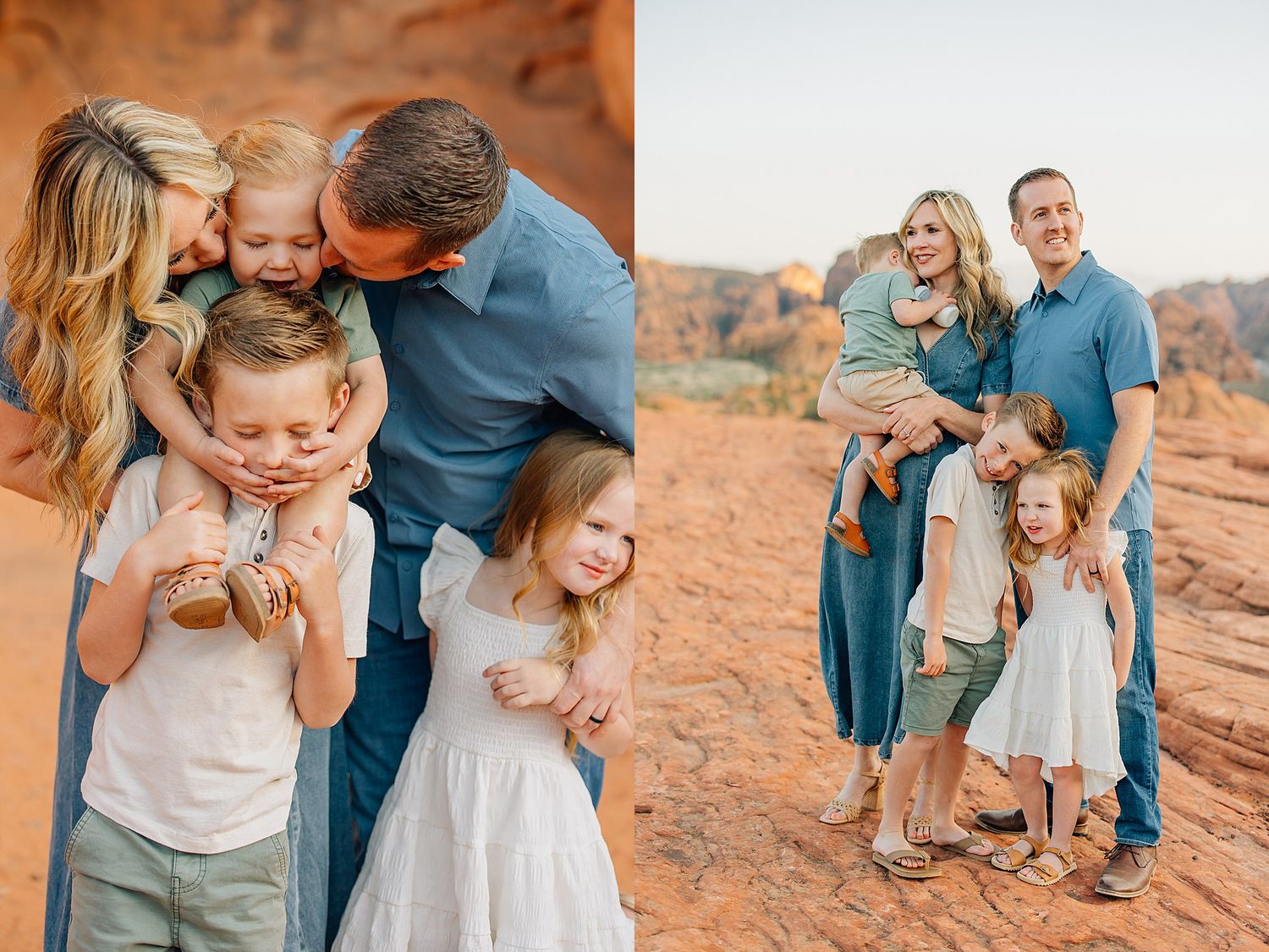A family shares joyful moments together against a backdrop of red rock formations in the desert landscape.