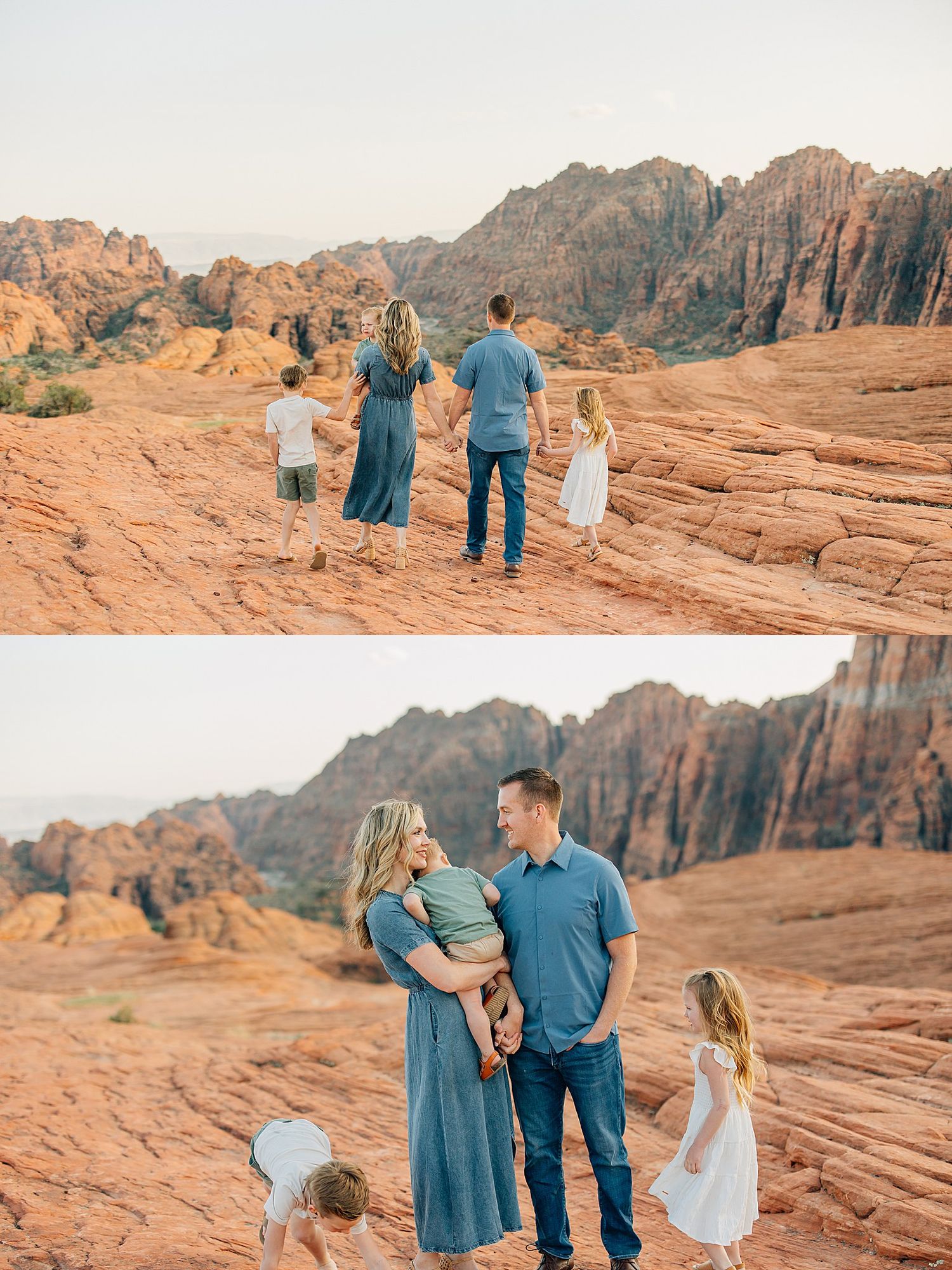 Family walking together on red rock formations at sunset in Snow Canyon State Park, Utah.