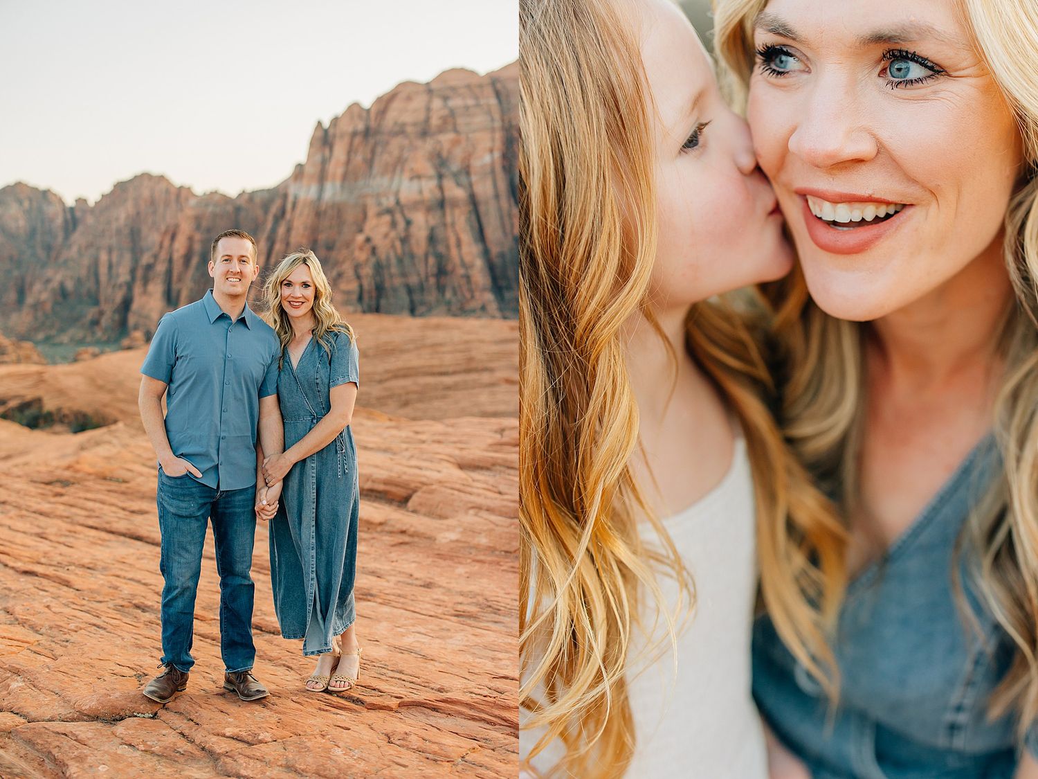 A couple shares romantic moments in a desert landscape with red rock formations during a photo session at sunset.