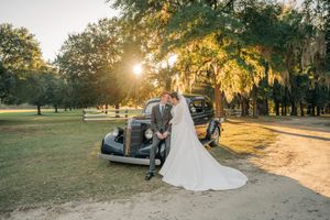 A series of romantic wedding photos at sunset with a vintage car in a park setting.