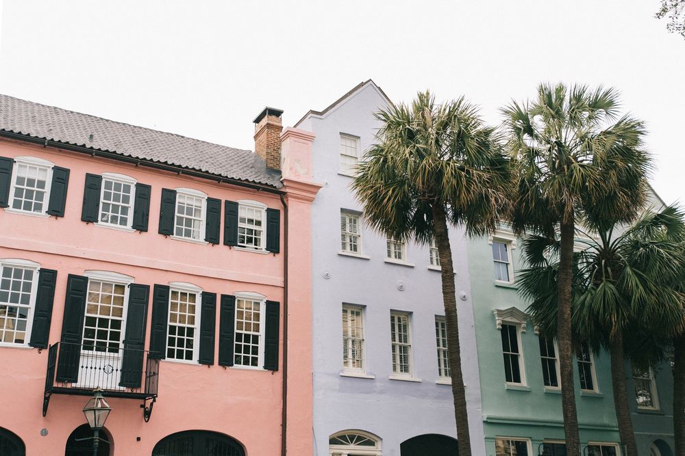 Colorful homes on Rainbow Row with palm trees, Atlanta interior photography