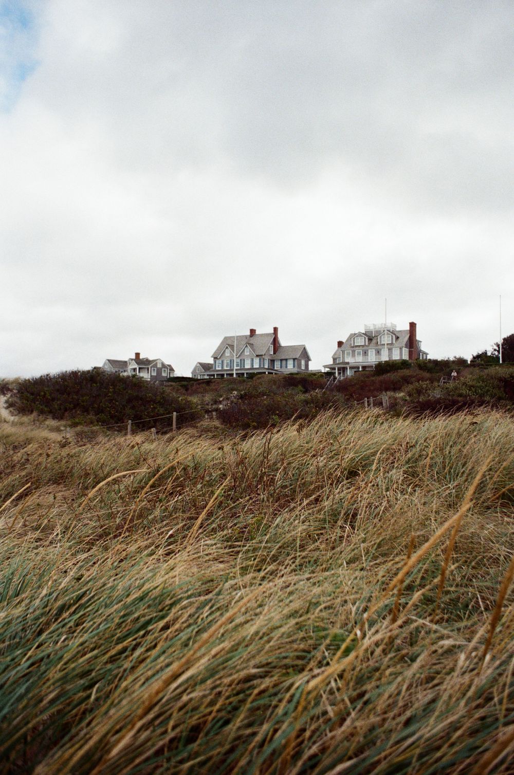 Coastal New England homes with red chimneys rise above windswept dune grass under a cloudy gray sky.