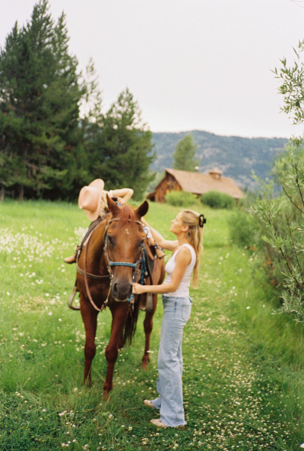 Woman in white tank top and jeans stands beside a chestnut horse in a lush green meadow with trees and a barn.