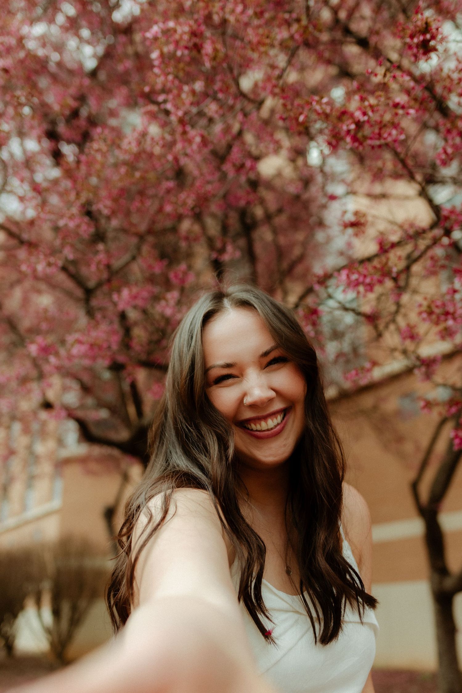 Cherry blossom trees in full bloom frame joyful portrait against brick building.