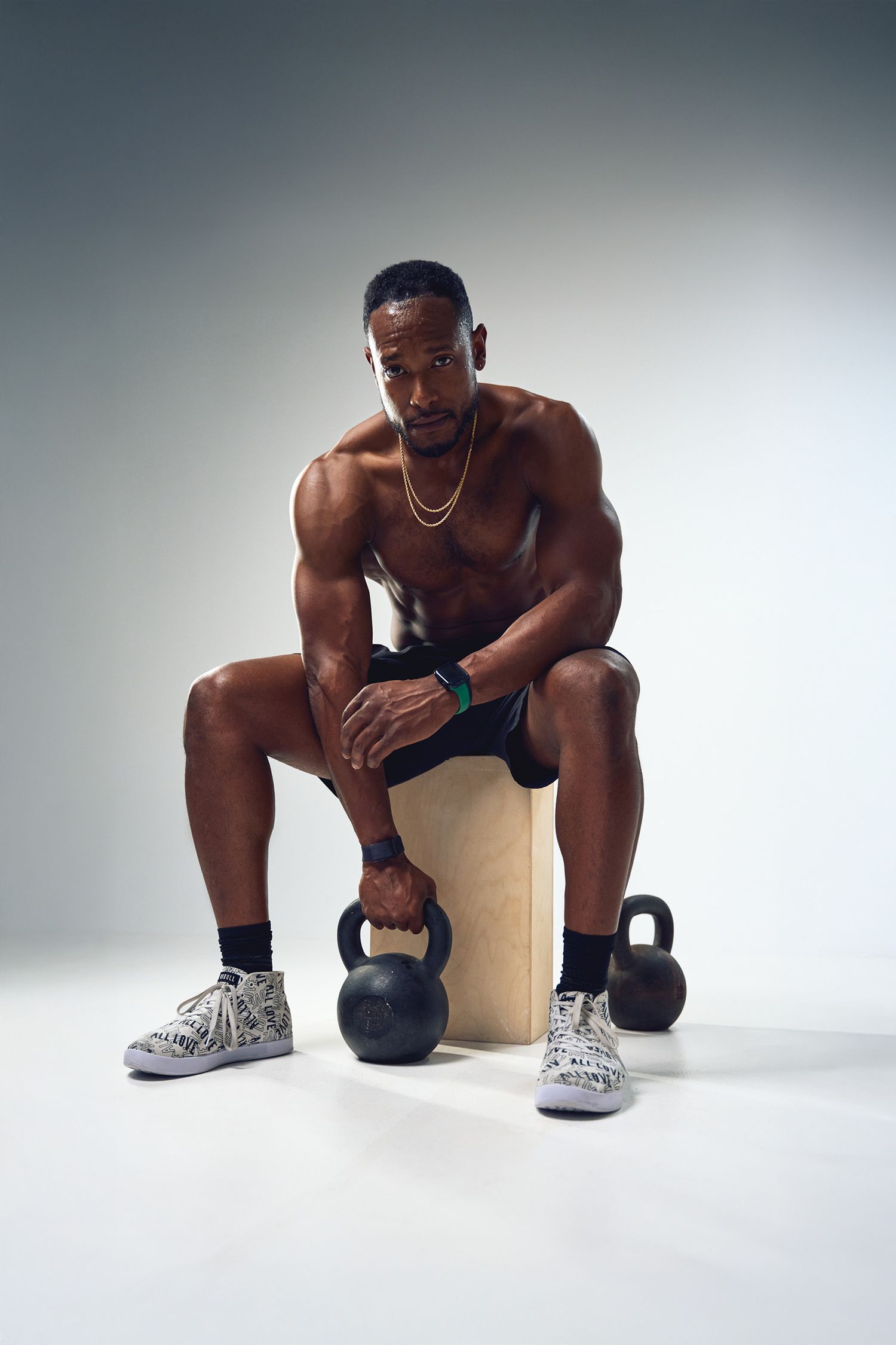 Athletic figure demonstrating workout poses with kettlebell on white background.