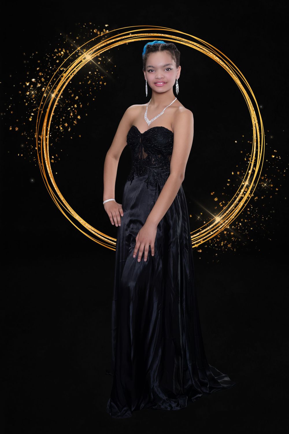 Elegant formal portrait in black gown with gold circular frame and sparkle effects.