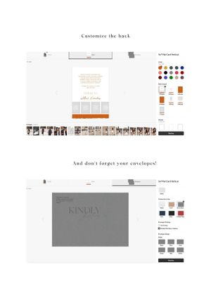 Customization interface for graduation card design with color and layout options.