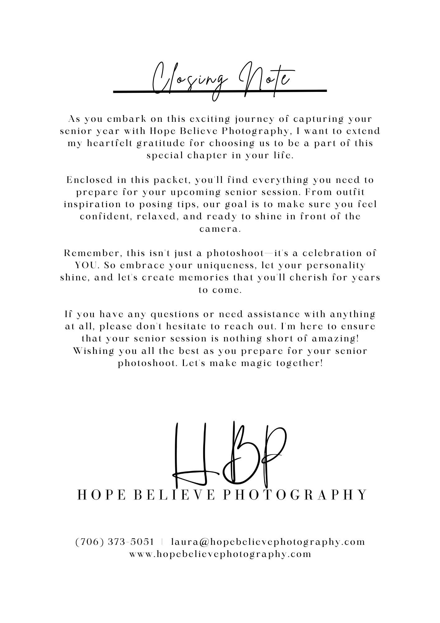 Professional welcome letter from Hope Believe Photography with black script text on white background.