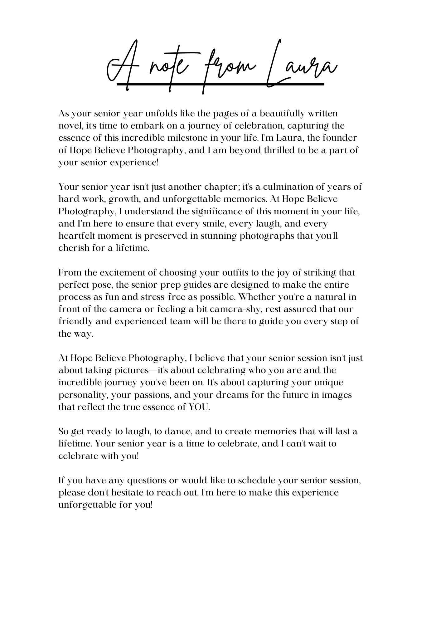 Elegant script header reading 'A note from Laura' on white background.