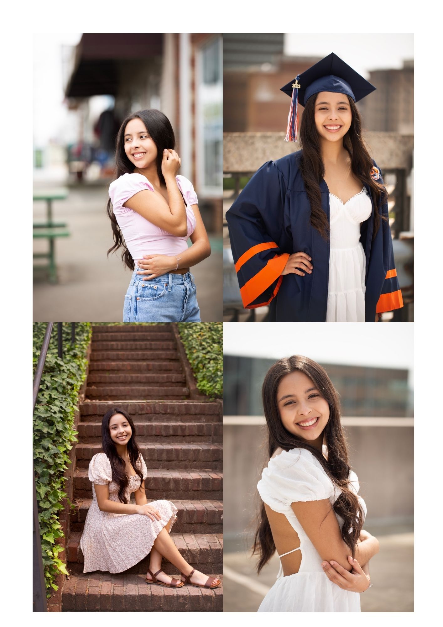 Collage of four senior portrait photos showing casual and graduation outfits.