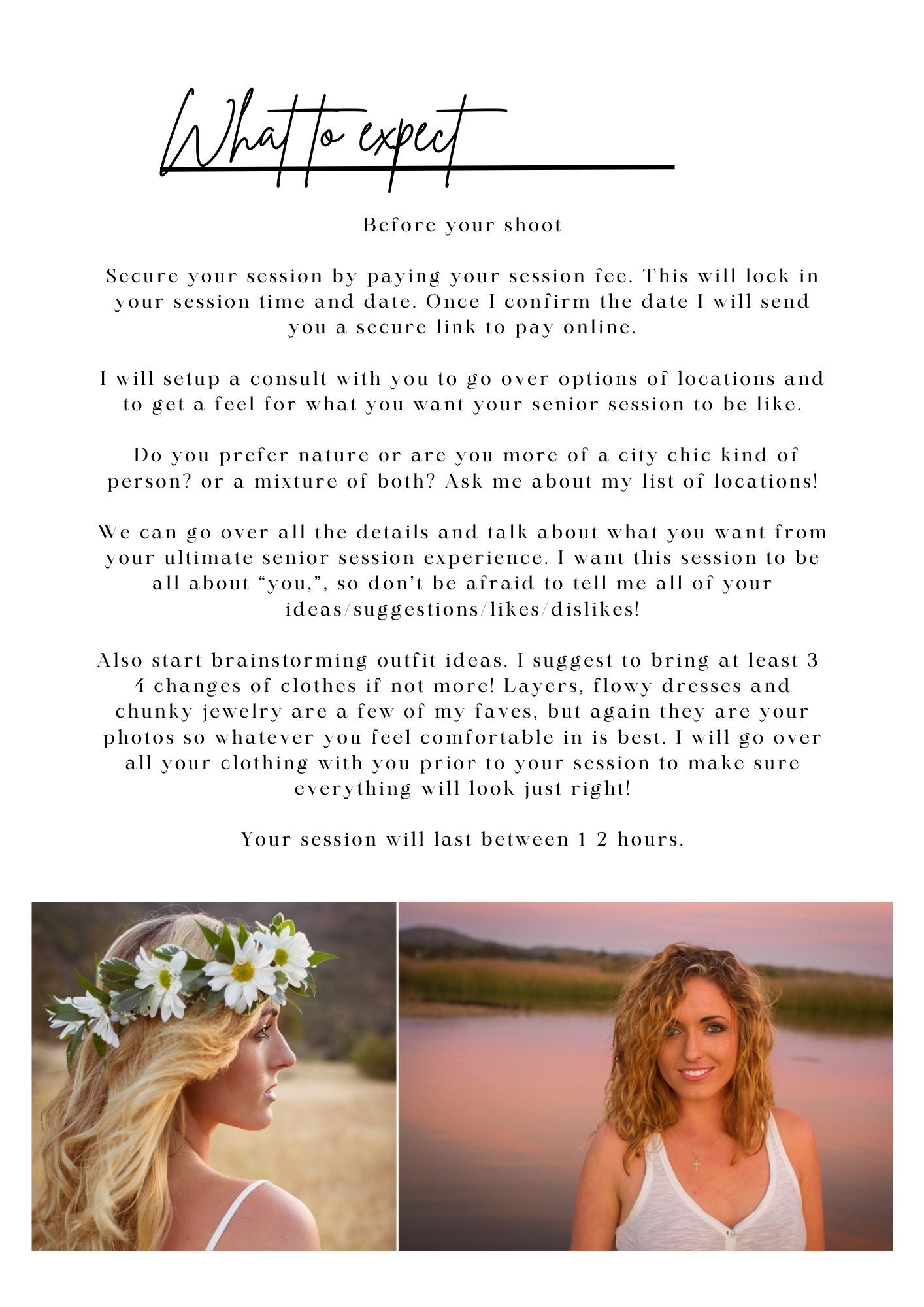 Photography session guide page with sample portrait photos and text about what to expect.