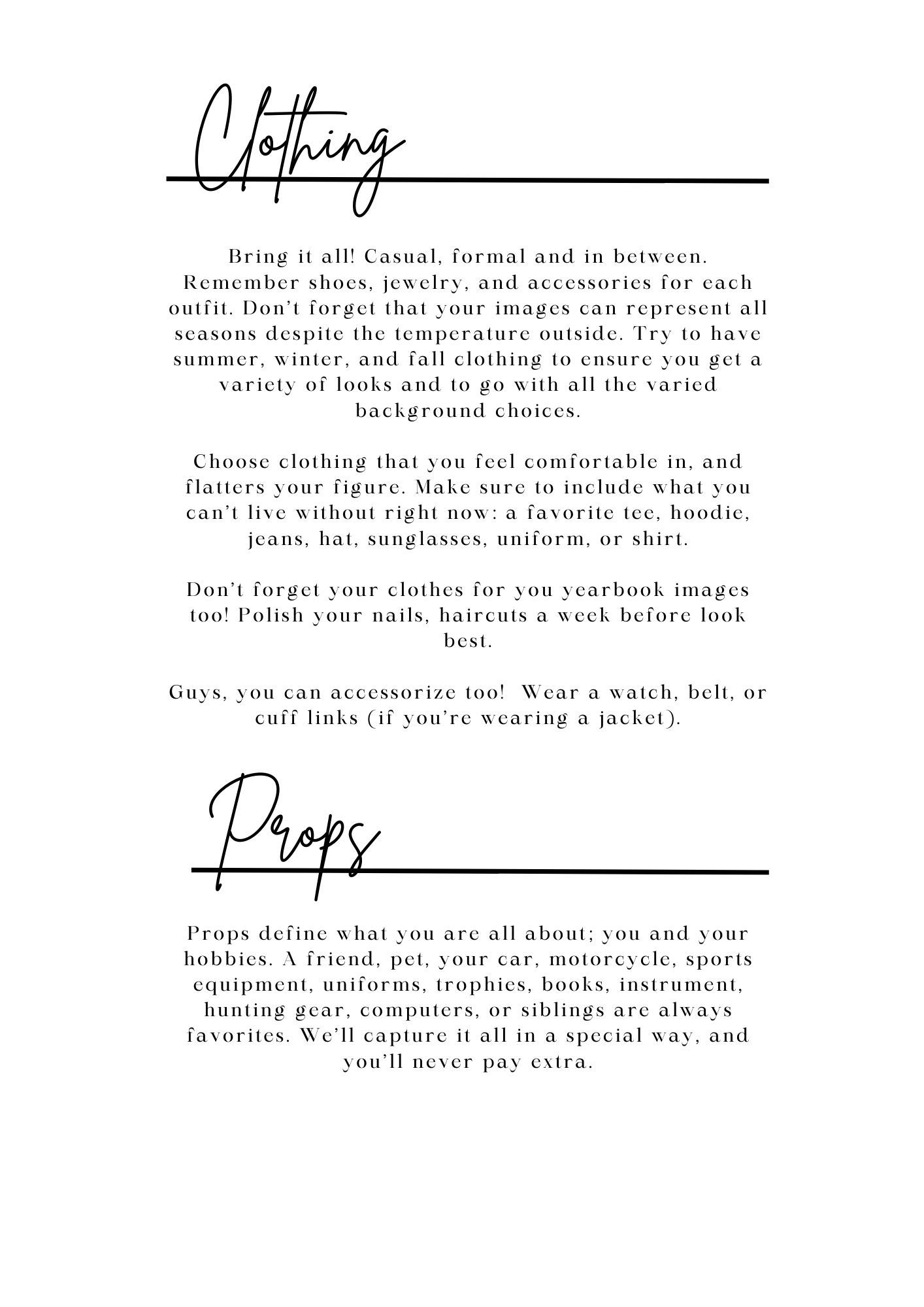 Information page about clothing choices for photo sessions with styling tips.
