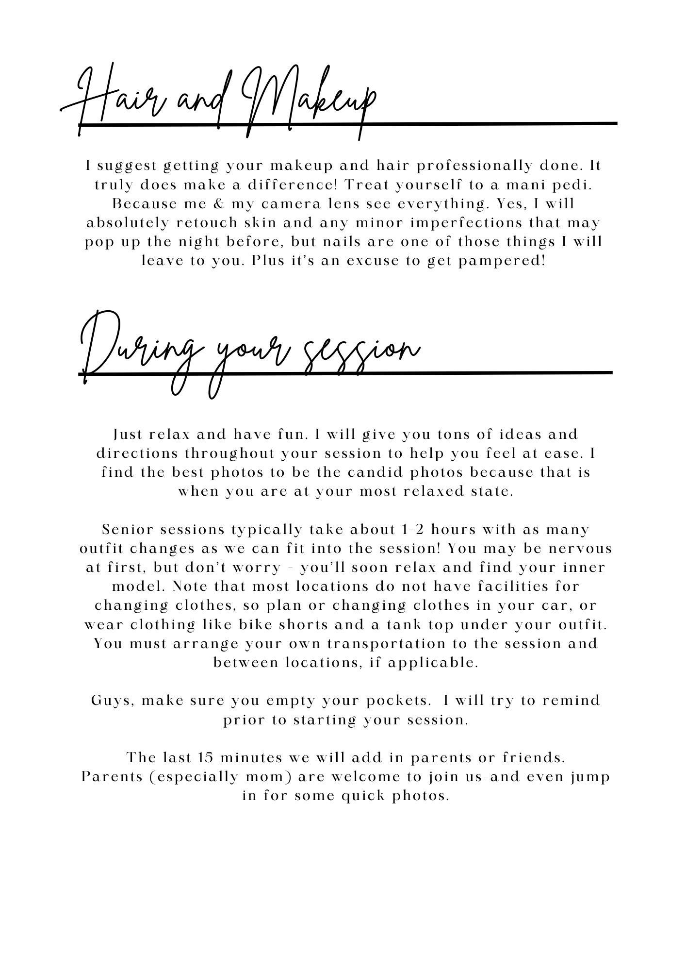 Photography session information page with hair and makeup tips and timing details.